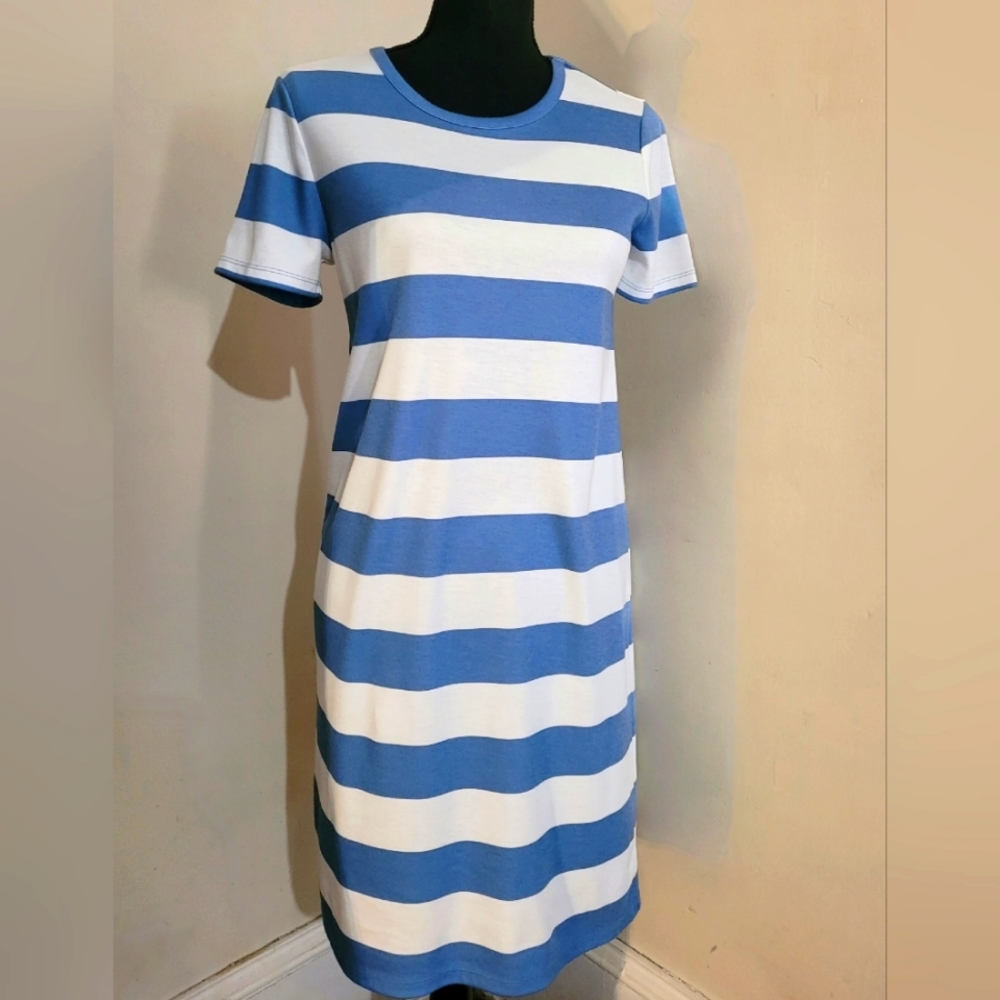 Michael Kors blue and white stripe mini dress.